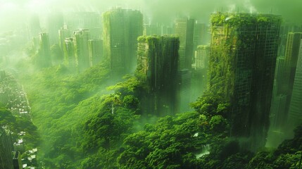 Obraz premium Urban Jungle, In a futuristic city overrun by concrete and pollution, gardens and rooftop oases. Generated AI