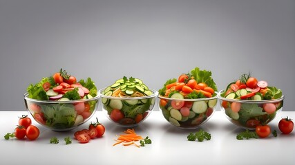 Three photorealistic salad bowls arranged in an appetizing display, showcasing a variety of fresh ingredients like lettuce, tomatoes, cucumbers, carrots, and dressing, all isolated on a transparent ba