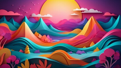 Fototapeta na wymiar Vector D abstract background with paper cut shapes. Neon carving art. Paper craft landscape with gradient shades. Minimalistic design layout.