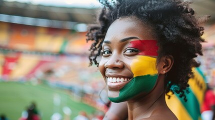 beautiful woman with face painted with the flag of Cameroon in a stadium. olympic games concept
