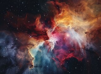 Fiery clouds and starry space with swirling cosmic dust. Surreal universe scenery in vibrant colors, abstract background for science and fantasy themes, presentations or art prints