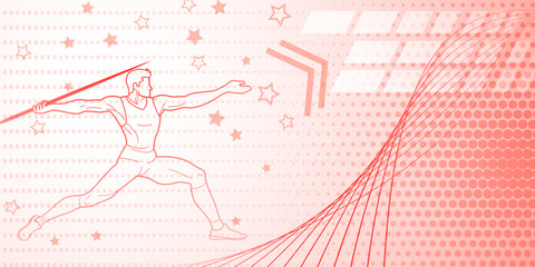 Javelin thrower themed background in pink tones with abstract lines and dots, with sport symbols such as a male athlete