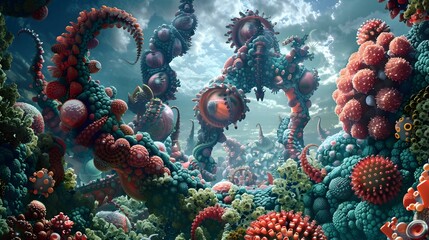 Whimsical Molecular Wonderland: A Surreal of Microscopic Structures and Transformations - obrazy, fototapety, plakaty