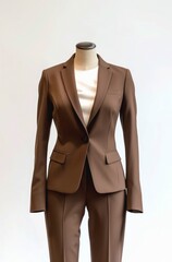 Brown female business suit on a mannequin on white background.