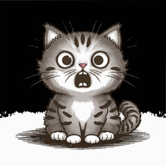 A frightened abandoned, lost cat meows pitifully in the dark, hand drawn sketch