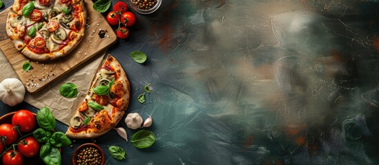 A stone tabletop is depicted with a pizza cutting board and a fabric napkin laid out, representing a food recipe concept. The background texture on the wall or table provides space for copy.
