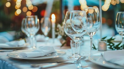 Sophisticated tableware arrangement with wine glasses and blue tablecloth.