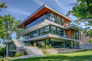 Fototapeta na wymiar Sleek Glass-Walled House with Nature-Integrated Design