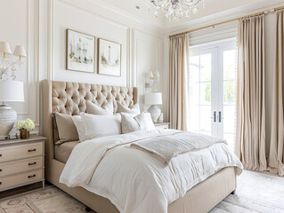 Elegant French bedroom with tufted headboard, floral bedding, and soft blue accents, cozy and inviting.