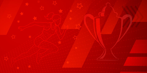 Runner themed background in red tones with abstract lines and dots, with sport symbols such as a female athlete and a cup