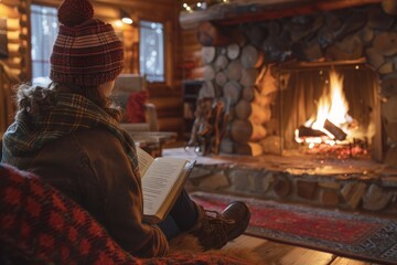 Obraz na płótnie Canvas Warm and Peaceful Reading by Cabin Fireplace