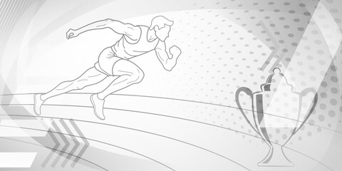 Runner themed background in gray tones with abstract curves and dots, with sport symbols such as a male athlete, running track and a cup