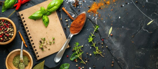 Notepad containing your recipe with herbs and spices on a black stone background. View from above with space for additional text. - obrazy, fototapety, plakaty