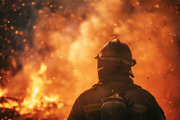 Firefighter on fire extinguishing, back view of firefighter on fire background