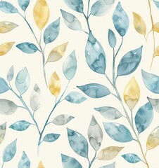 Seamless pattern of watercolor leaves in soft blue and mustard yellow. Botanical illustration for fabric, wallpaper and home decor
