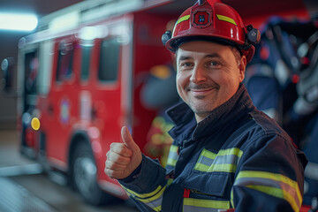 A firefighter is giving a thumbs up while standing next to a fire truck. Concept of pride and accomplishment in the firefighter's work - Powered by Adobe