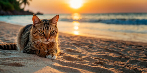 Cat on the sand on tropical beach, summer vacation concept, template, copy space.