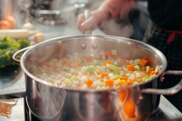 Homemade Vegetable Soup Boiling on Stove in Kitchen