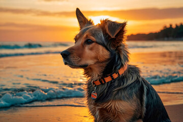 Dog on the sand on tropical beach, summer vacation concept, template, copy space.