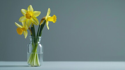 Yellow daffodils in a glass vase on a marble surface.