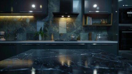 Modern empty dark marble table top or kitchen island on blurry bokeh kitchen room interior background. for montage product display. digital ai art	
