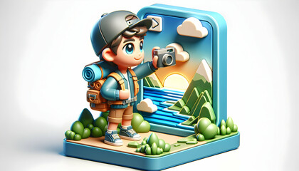 Obraz premium 3D Icon: Backpacker's Hopeful Gaze into the Horizon, Exposed with Natural Harmony - Construction Photo Stock Concept