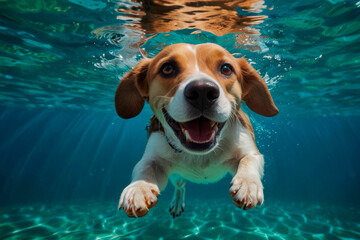 Beagle diving underwater, funny dog underwater, summer mood concept, vacation, tropics, ocean.