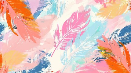 Vibrant abstraction with feathers and dynamic brushstrokes in shades of pink, blue and coral. Ideal for wallpaper, fashion textiles or artistic stationery