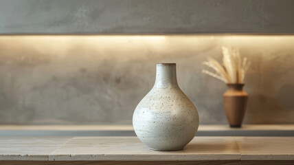 White vase on a shelf with a beige wall.