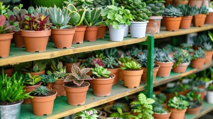 Variety of potted succulents on shelves. Indoor plants shop. Gardening and home decor concept.