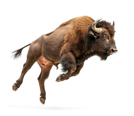 Bison in motion, detailed fur, over white background