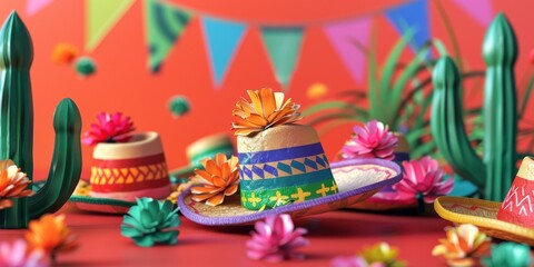 Sombreros and Cactus Hats on a Red Table