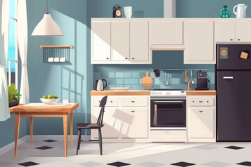 
Interior of a cozy kitchen with furniture and appliances. Vector illustration 3D avatars set vector icon, white background, black colour icon