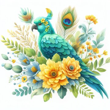 illsutration of Watercolor style illustration for parot with peacock feather and yellow flowers. paper art...