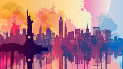 Colorful Abstract Illustration of New York City Skyline with Statue of Liberty