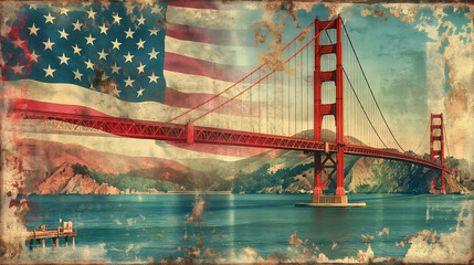 Vintage American Flag with Golden Gate Bridge