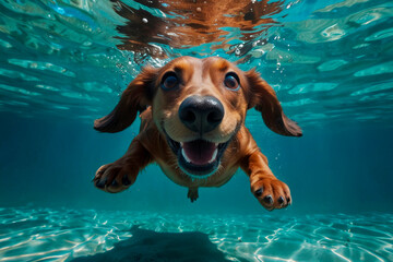Dachs hund diving underwater, funny dog underwater, summer mood concept, vacation, tropics, ocean.