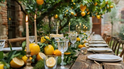Table setting with lemons and greenery for a rustic garden party