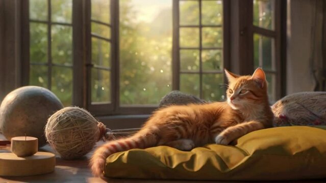 a painting of an orange kitten sleeping on a table. Sunlight penetrates from the window. a digital rendering by Pamela Ascherson, created with generative ai