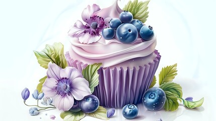 Whipped Frosting Cupcake Illustration with Blueberries and Floral Design