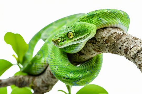 green snake on tree branch isolated on white background highquality stock photo