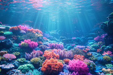 A coral reef recovering from bleaching events, teeming with vibrant marine life once again. - obrazy, fototapety, plakaty