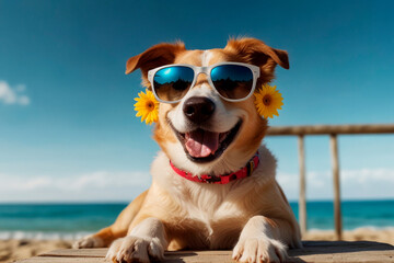 Dog on the sand on tropical beach, summer vacation concept, template, copy space. - obrazy, fototapety, plakaty