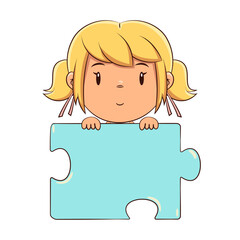 Girl, playing, holding, big, puzzle, piece