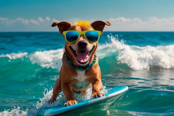 Dog in sunglasses riding the waves, surfing on a board, summer vacation concept, template, copy space.