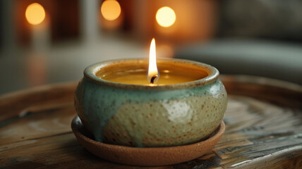 Obraz na płótnie Canvas A lit candle in a pottery holder.