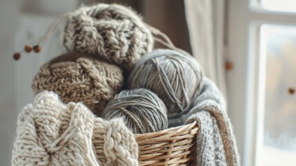 Gray yarn balls in wicker basket with chunky knit blanket.