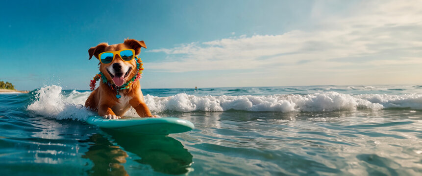 Dog in sunglasses riding the waves, surfing on a board, summer vacation concept, template, copy space.