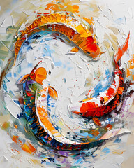 oil painting of three koi fish swimming in a circle