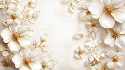 marble background with white flowers with golden leaves,